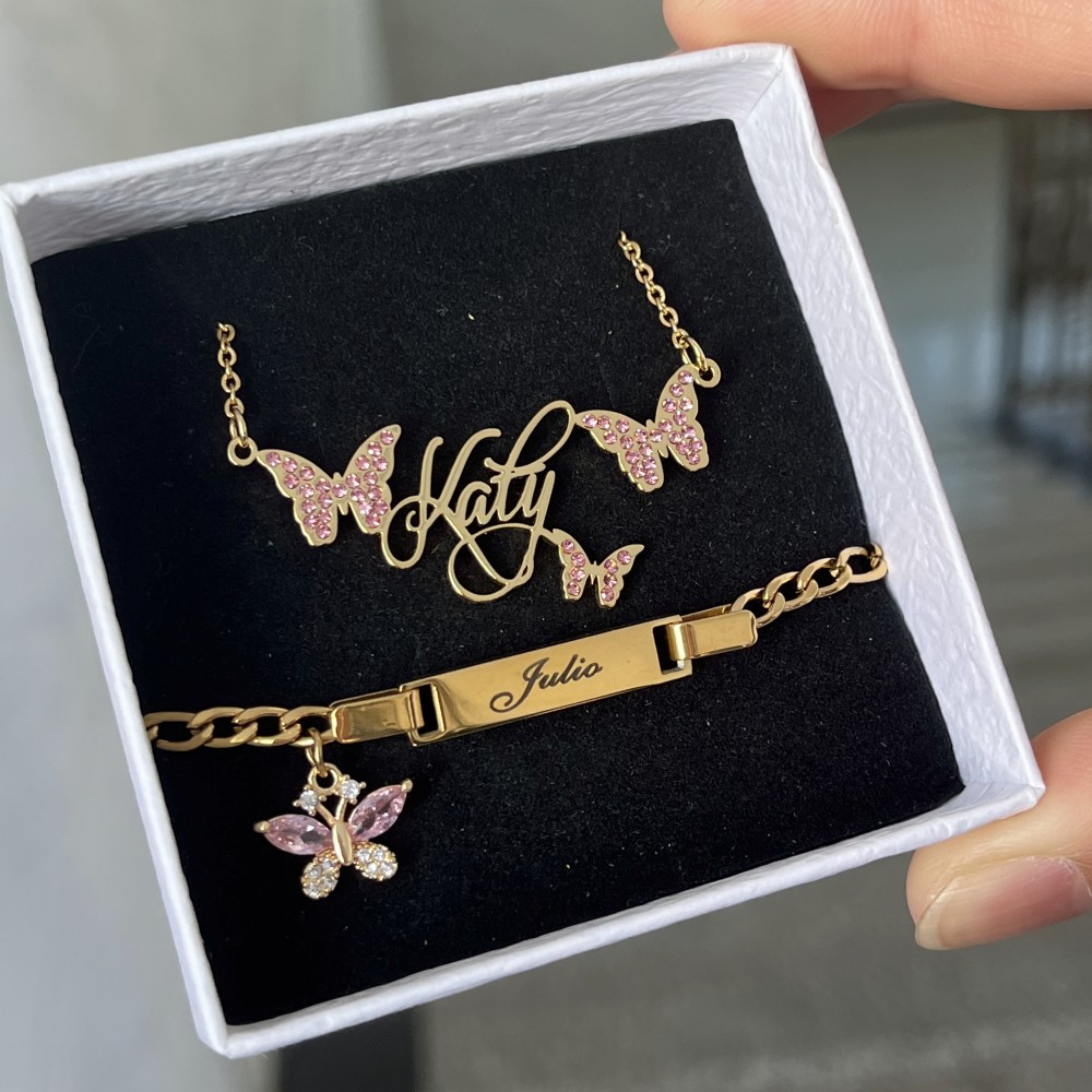 Engraved Name Necklace - DUOYING niestandardowy różowy motylkowy zestaw personilizowany